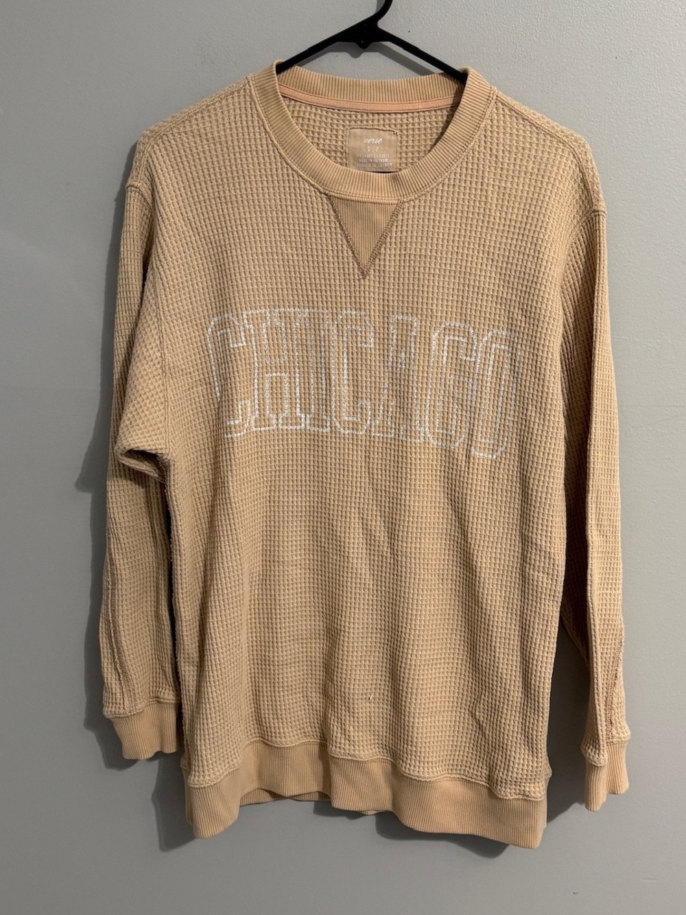 Aerie Shirt Womens Small Chicago Waffle Knit Long Sleeve Casual Tan Crewneck